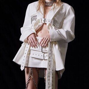 Studded Belted Blazer Suit Jacket White